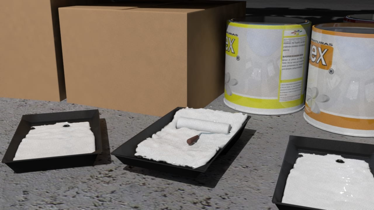 Long shot of paint simulation, colliding with the falling roller.